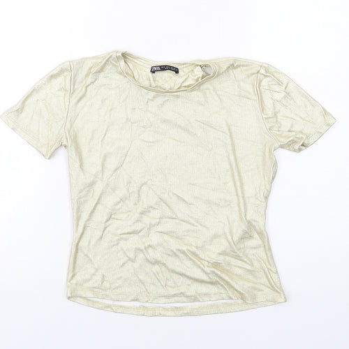 Zara Womens Gold Cotton Basic T-Shirt Size S Round Neck