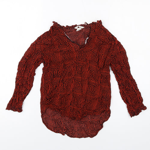 H&M Womens Red Geometric Viscose Basic T-Shirt Size 6 V-Neck