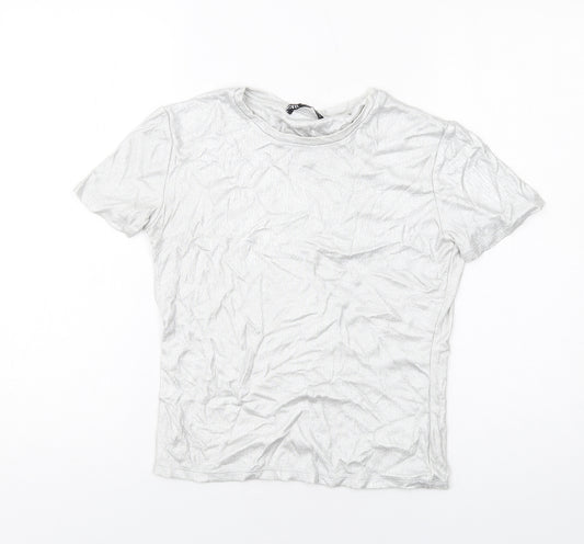 Zara Womens Silver Cotton Basic T-Shirt Size S Round Neck