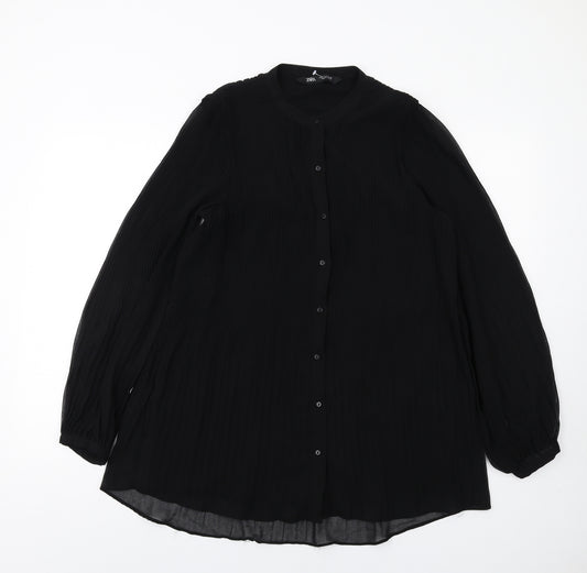 Zara Womens Black Polyester Basic Button-Up Size S Round Neck