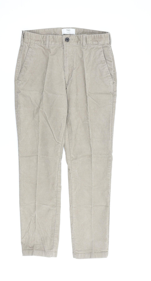 Marks and Spencer Mens Beige Cotton Trousers Size 30 in L29 in Regular Zip