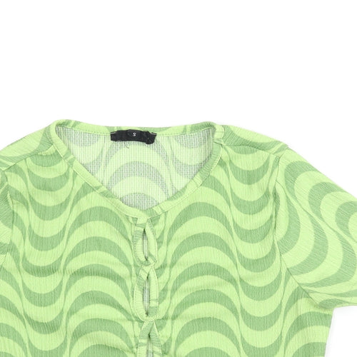 Wednesday's Girl Womens Green Geometric Polyester Cropped T-Shirt Size S Round Neck - Cut Out