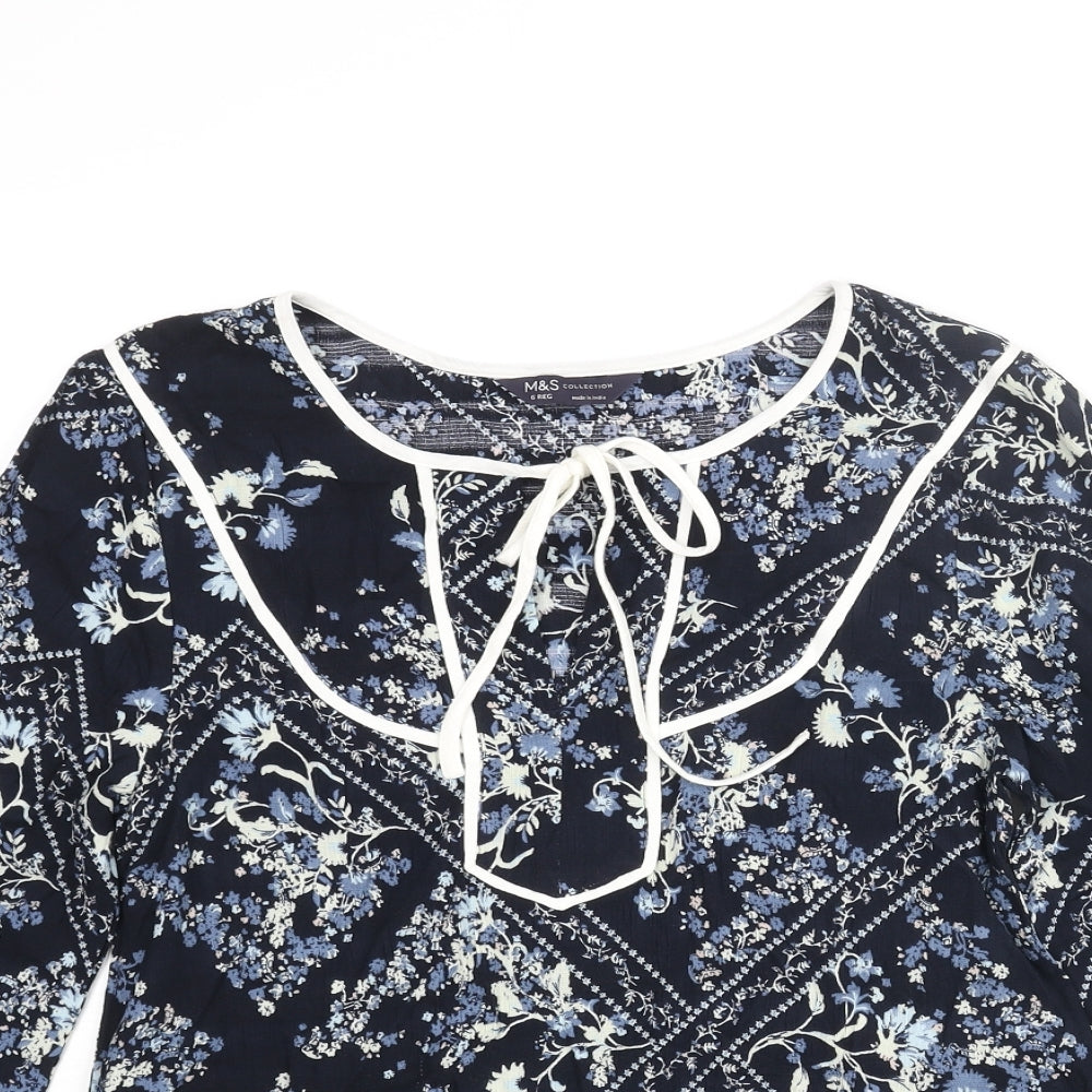 Marks and Spencer Womens Blue Floral Viscose Basic Blouse Size 6 Round Neck - Keyhole Neck