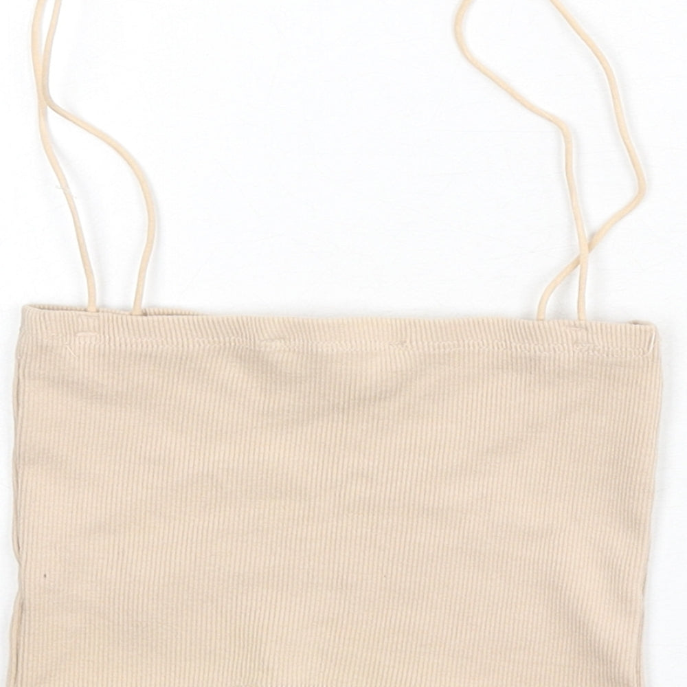 Zara Womens Beige Cotton Camisole Tank Size S Square Neck - Cropped, Ribbed