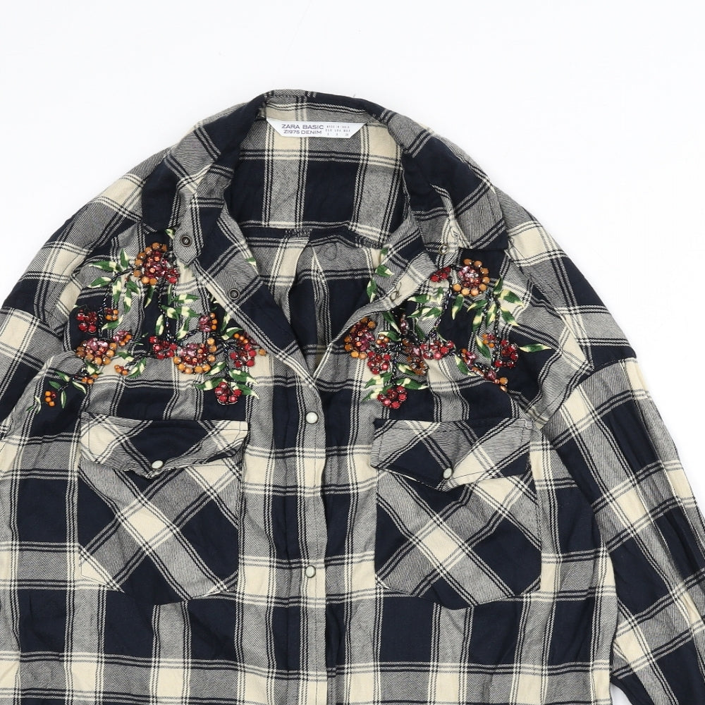 Zara Womens Blue Plaid Polyester Basic Button-Up Size S Collared - Embroidered Floral Detail, Beaded