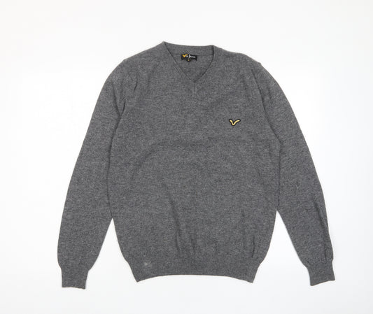 Voi Jeans Mens Grey V-Neck Wool Pullover Jumper Size M Long Sleeve - Logo, Embroided