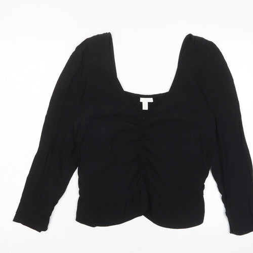 H&M Womens Black Viscose Cropped Blouse Size L Square Neck