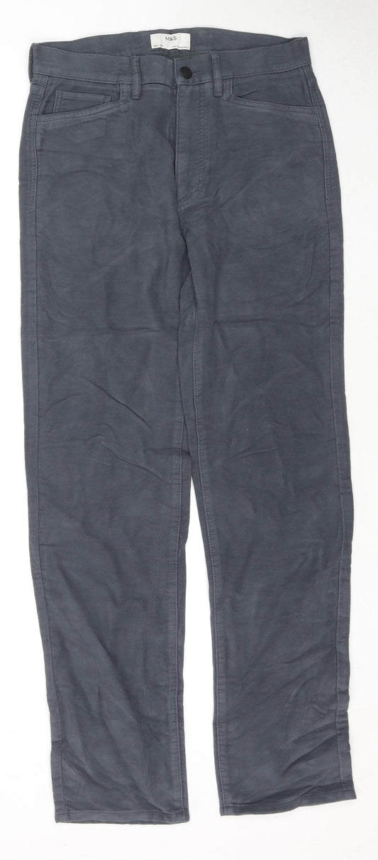 Marks and Spencer Mens Blue Cotton Trousers Size 30 in L33 in Regular Zip