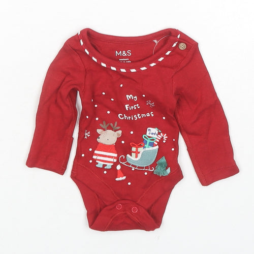 Marks and Spencer Baby Red Cotton Babygrow One-Piece Size Newborn Snap - My First Christmas Reindeer