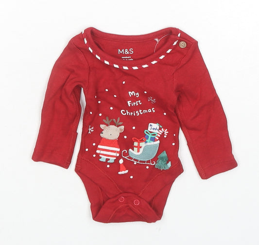 Marks and Spencer Baby Red Cotton Babygrow One-Piece Size Newborn Snap - My First Christmas Reindeer