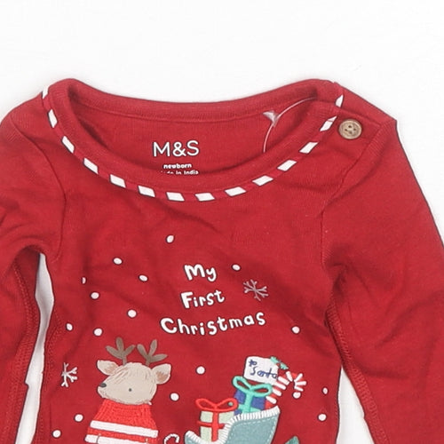 Marks and Spencer Baby Red Cotton Babygrow One-Piece Size Newborn Snap - My First Christmas Reindeer