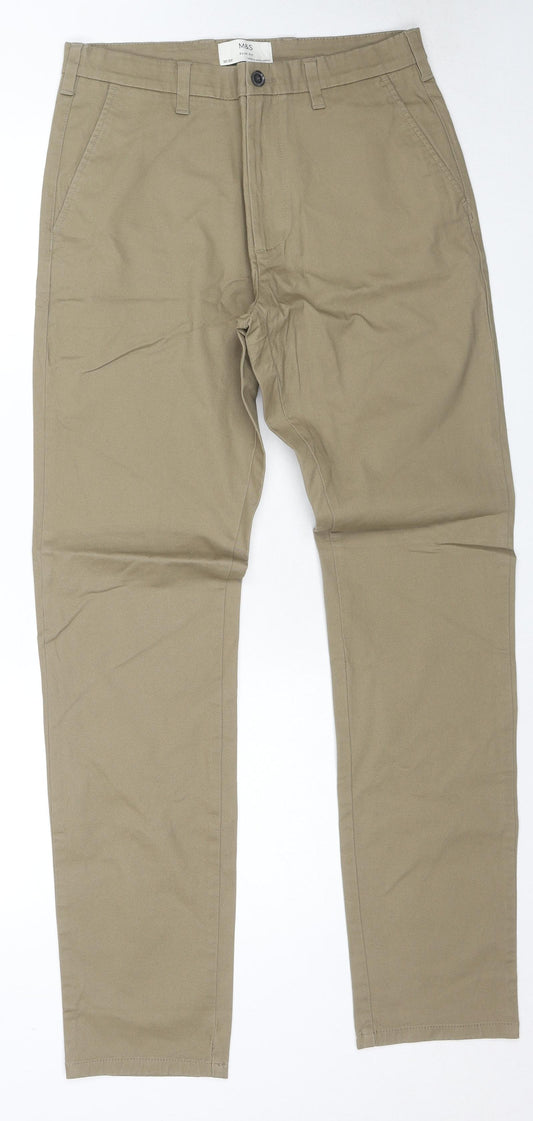 Marks and Spencer Mens Beige Cotton Trousers Size 30 in L33 in Slim Zip