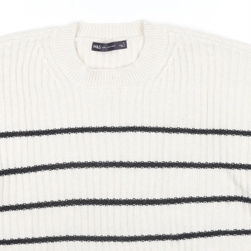 Marks and Spencer Womens White Round Neck Striped Polyester Pullover Jumper Size L