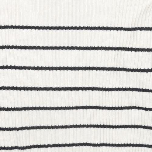 Marks and Spencer Womens White Round Neck Striped Polyester Pullover Jumper Size L