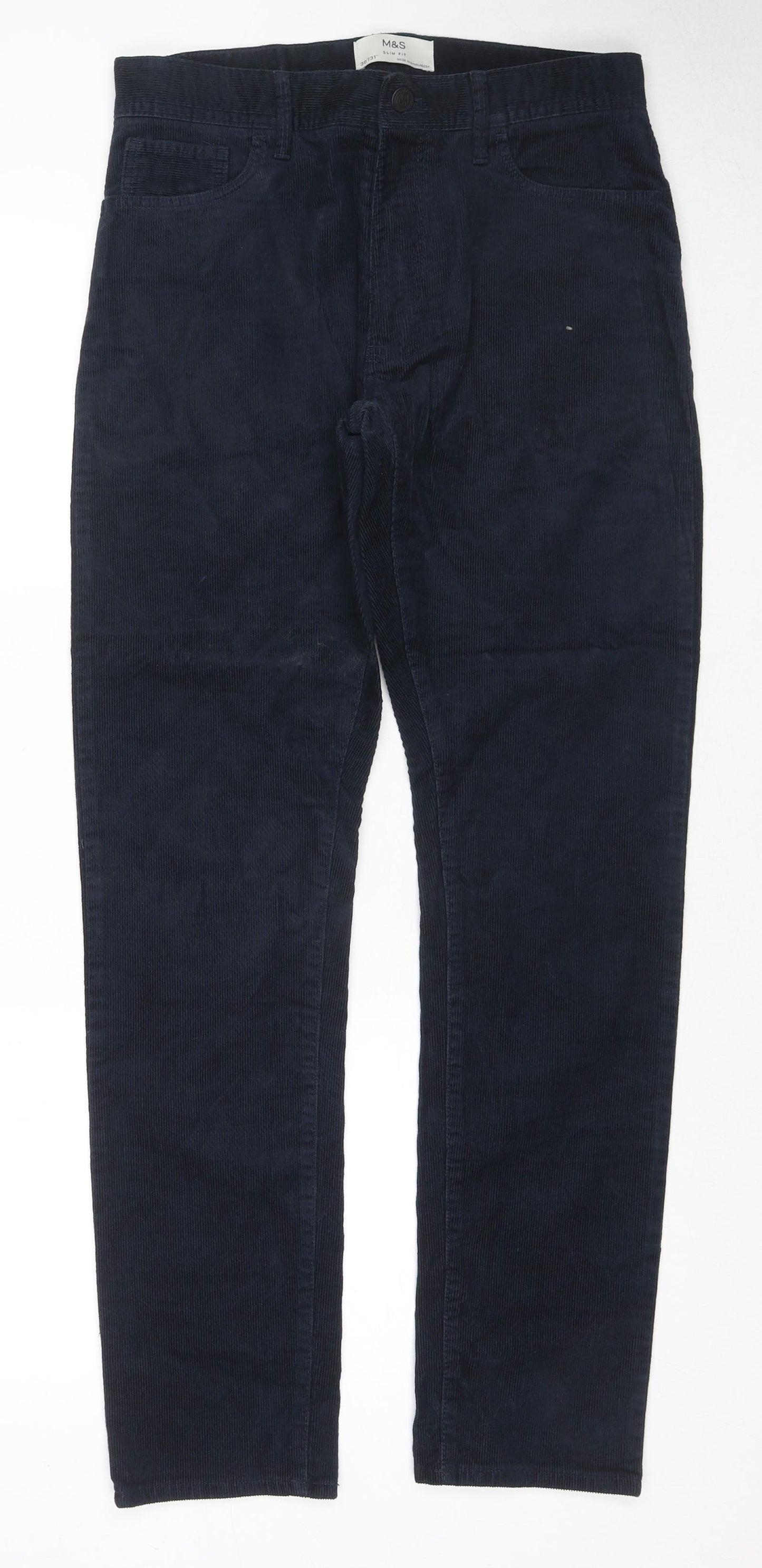 Marks and Spencer Mens Blue Cotton Trousers Size 30 in L31 in Slim Zip