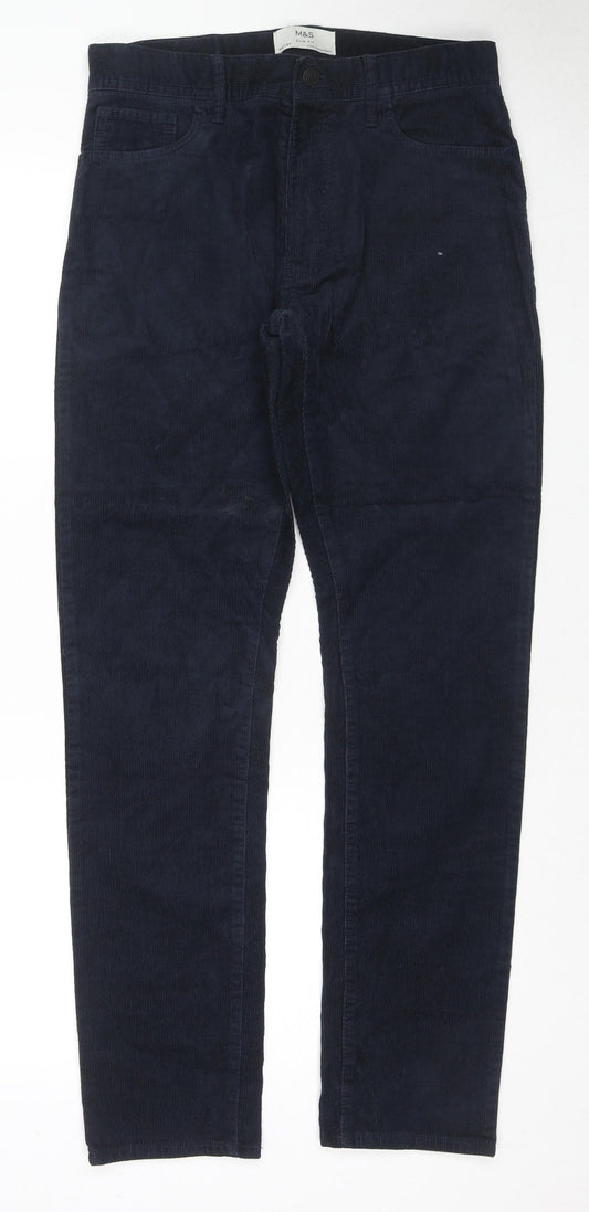 Marks and Spencer Mens Blue Cotton Trousers Size 30 in L31 in Slim Zip