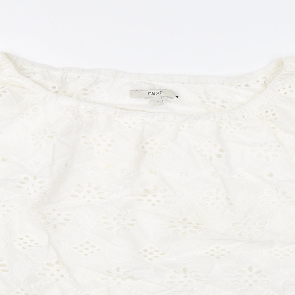NEXT Womens White Geometric Cotton Cropped Blouse Size 16 Scoop Neck - Broderie Anglaise