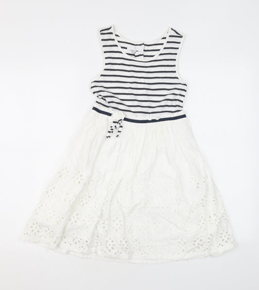 Jasper Conran Girls White Striped Cotton Skater Dress Size 9 Years Scoop Neck Button - Broderie Anglaise