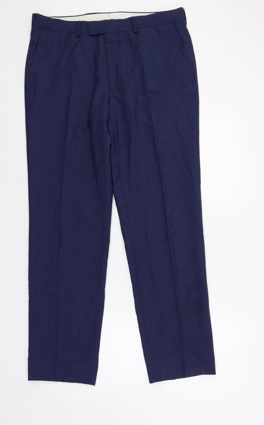 Marks and Spencer Mens Blue Wool Dress Pants Trousers Size 34 in L31 in Regular Zip