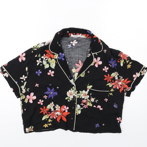 Pull&Bear Womens Black Floral Viscose Cropped Button-Up Size L Collared