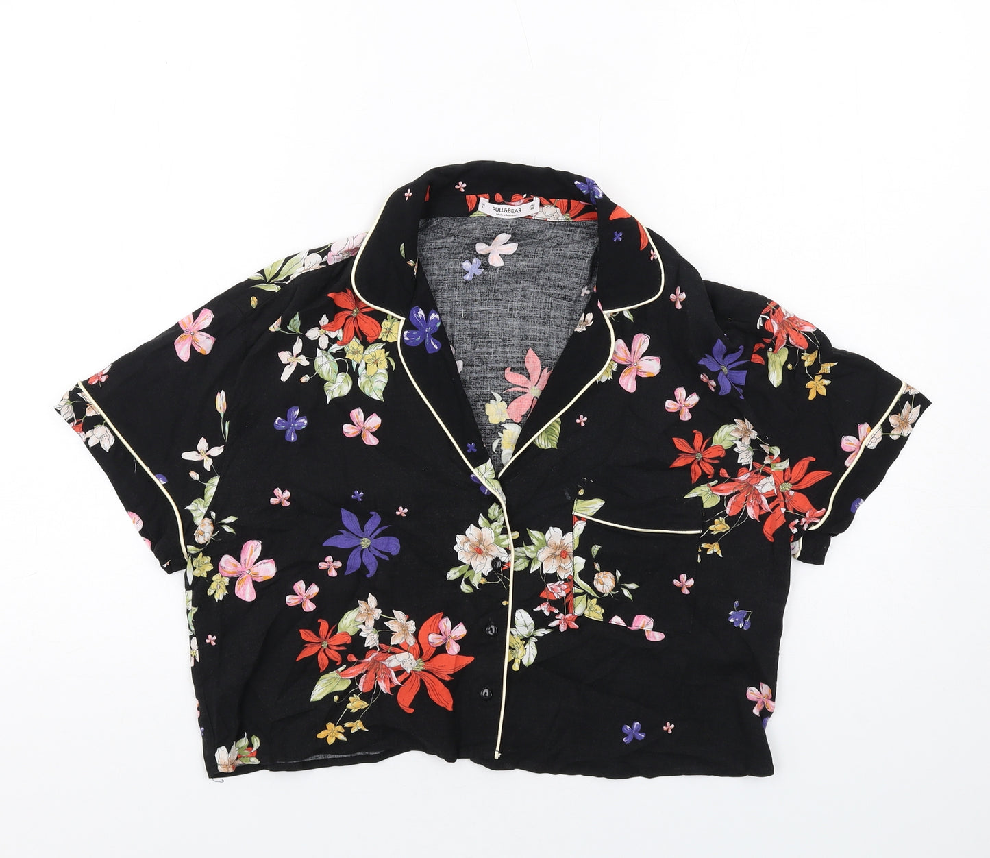 Pull&Bear Womens Black Floral Viscose Cropped Button-Up Size L Collared