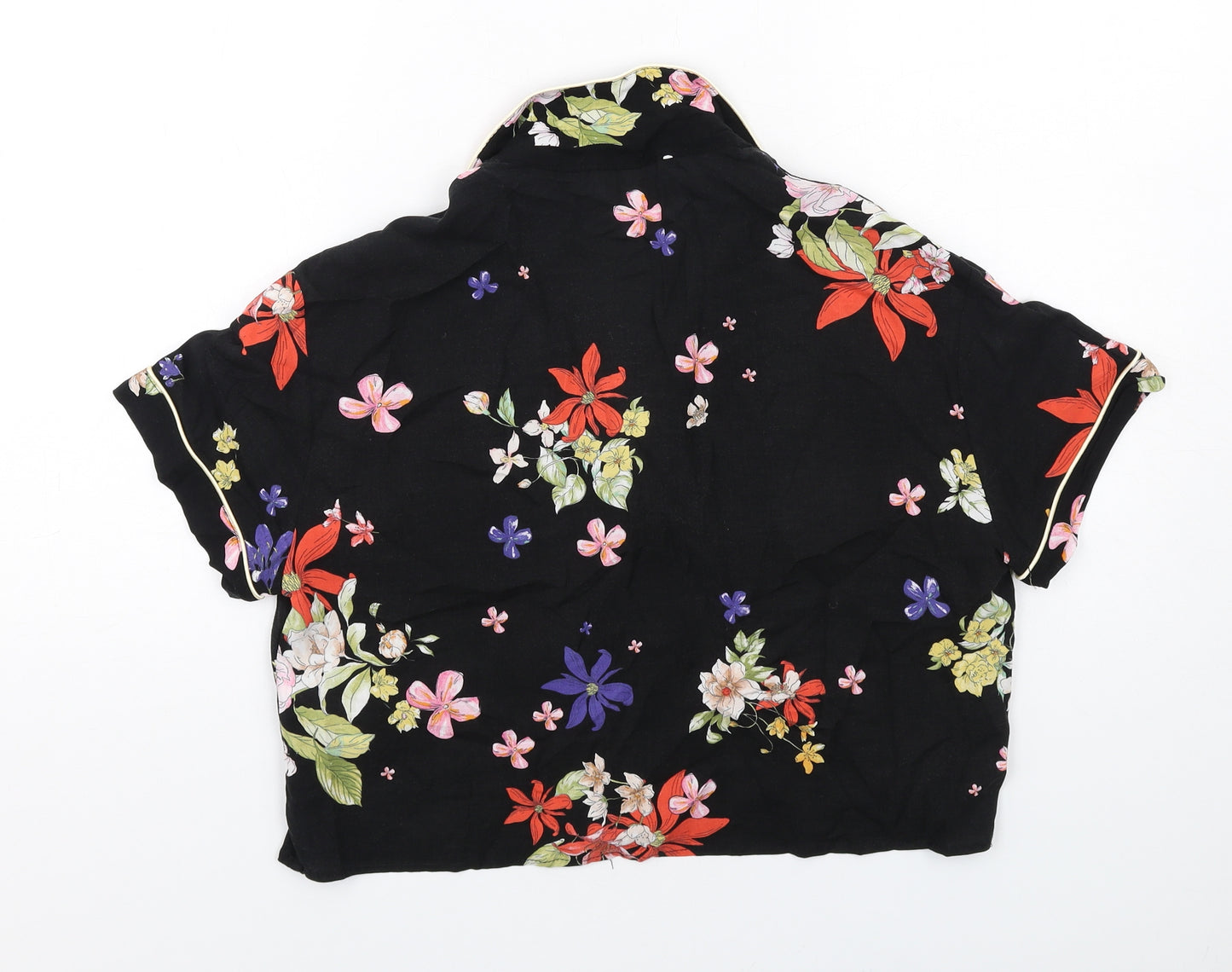 Pull&Bear Womens Black Floral Viscose Cropped Button-Up Size L Collared