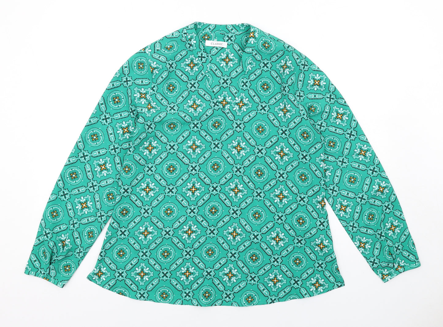 Classic Womens Green Geometric Polyester Basic Blouse Size 12 V-Neck