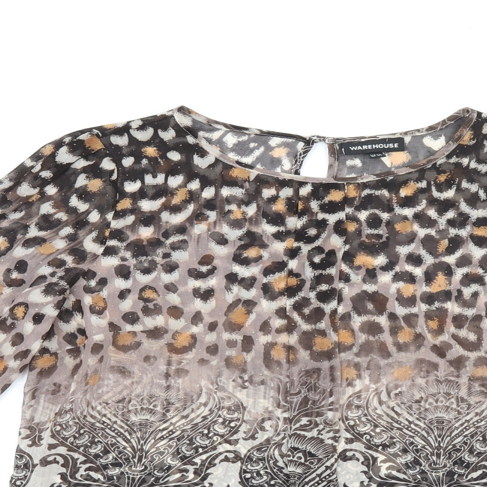 Warehouse Womens Brown Geometric Polyester Basic Blouse Size 12 Round Neck - Leopard Print, Sheer