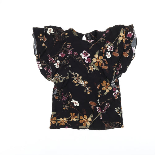 Y.A.S Womens Black Floral Viscose Basic Blouse Size S Round Neck - Frill Sleeves