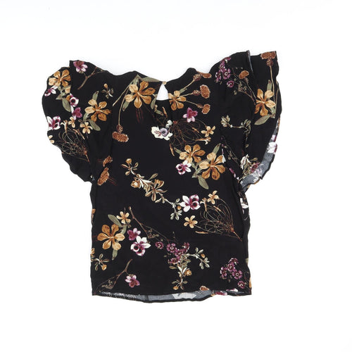 Y.A.S Womens Black Floral Viscose Basic Blouse Size S Round Neck - Frill Sleeves