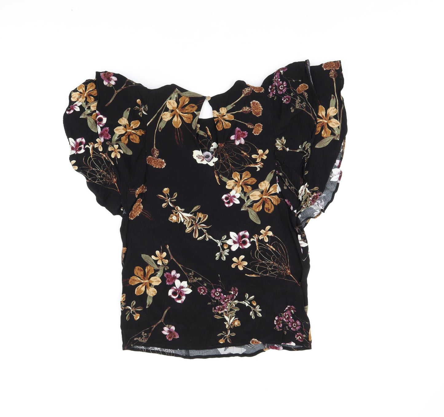 Y.A.S Womens Black Floral Viscose Basic Blouse Size S Round Neck - Frill Sleeves