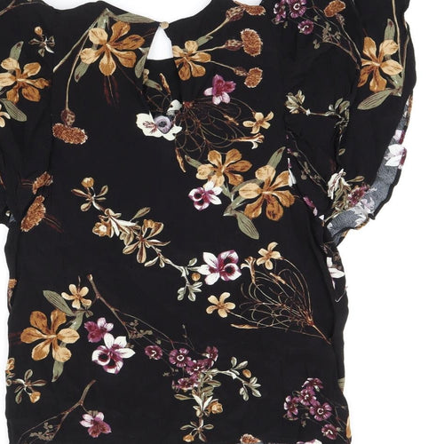 Y.A.S Womens Black Floral Viscose Basic Blouse Size S Round Neck - Frill Sleeves