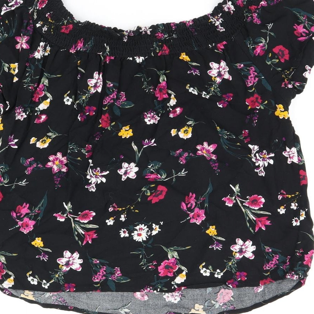 Pimkie Womens Black Floral Viscose Basic T-Shirt Size S Off the Shoulder