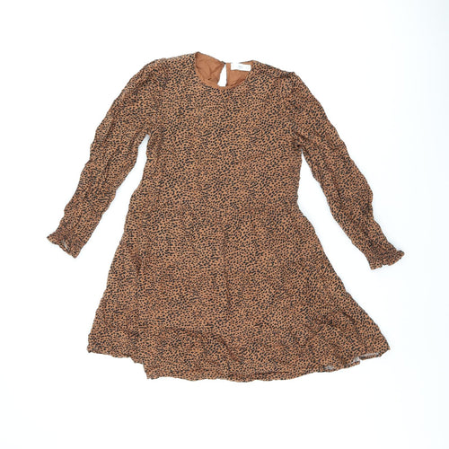 Mango Girls Brown Geometric Viscose Skater Dress Size 10 Years Round Neck Pullover