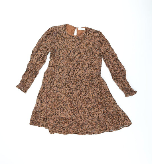 Mango Girls Brown Geometric Viscose Skater Dress Size 10 Years Round Neck Pullover