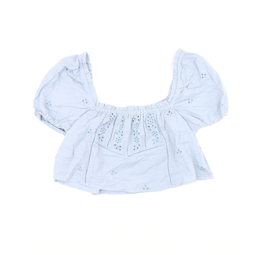 Zara Womens Blue Polyester Cropped Blouse Size S Off the Shoulder - Broderie Anglaise