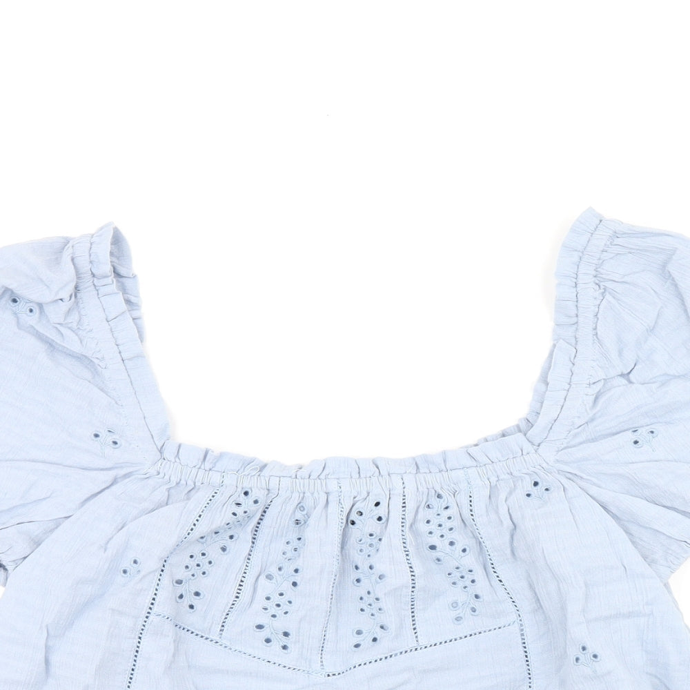 Zara Womens Blue Polyester Cropped Blouse Size S Off the Shoulder - Broderie Anglaise