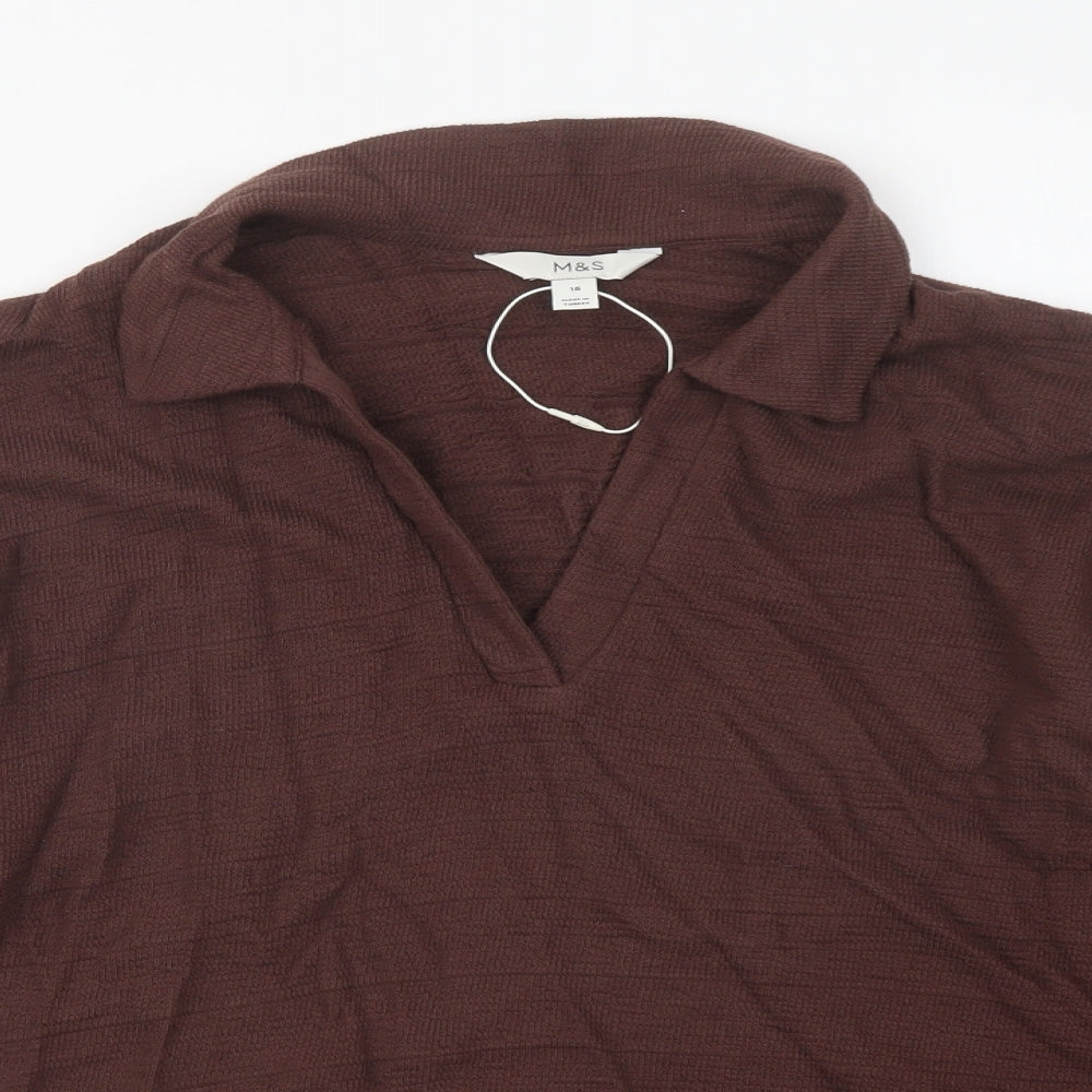 Marks and Spencer Womens Brown Cotton Basic Blouse Size 16 V-Neck