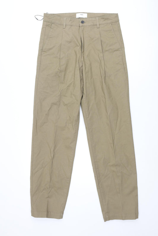 Marks and Spencer Mens Beige Cotton Chino Trousers Size 30 in L33 in Regular Zip