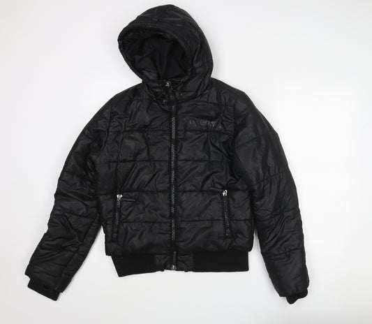 Superdry Mens Black Puffer Jacket Coat Size L Zip - Wet Look