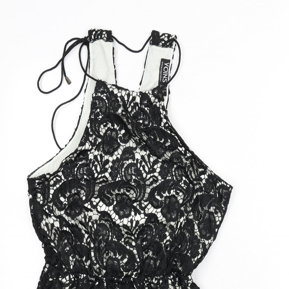 Yoins Womens Black Paisley Polyester Romper One-Piece Size 12 L3 in Tie - Lace Overlay