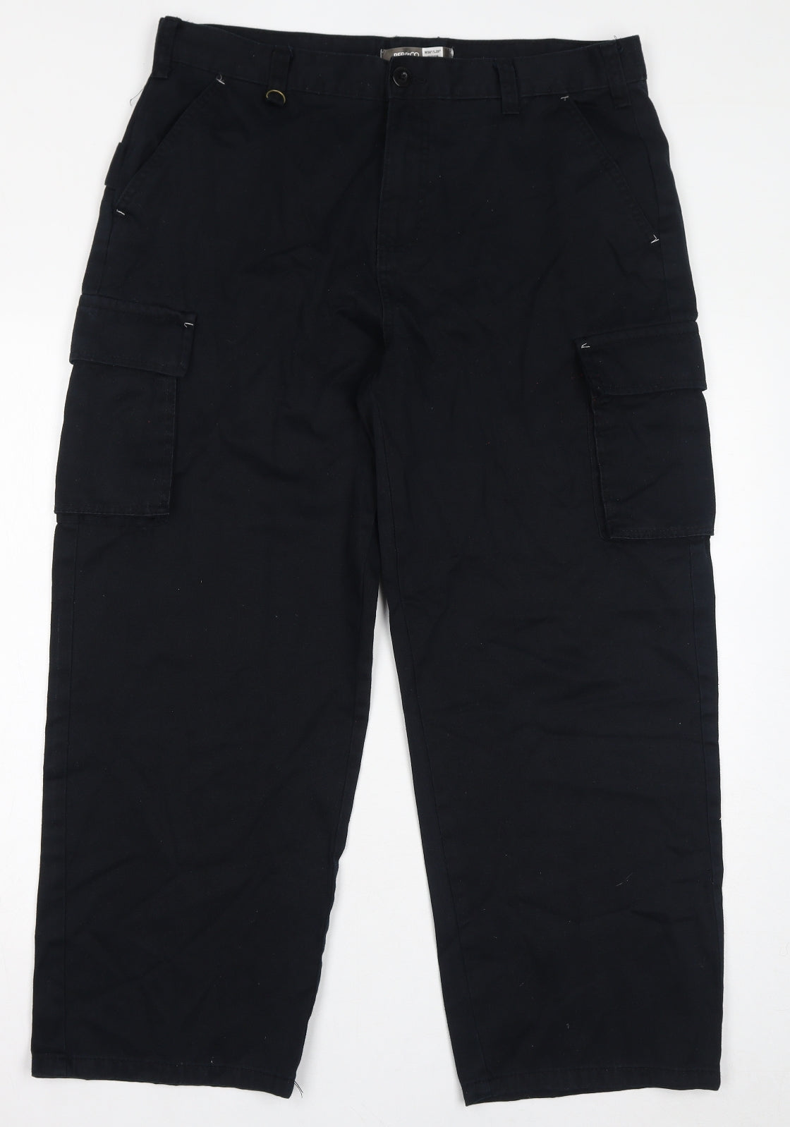 PEP&CO Mens Black Cotton Cargo Trousers Size 36 in L28 in Regular Zip