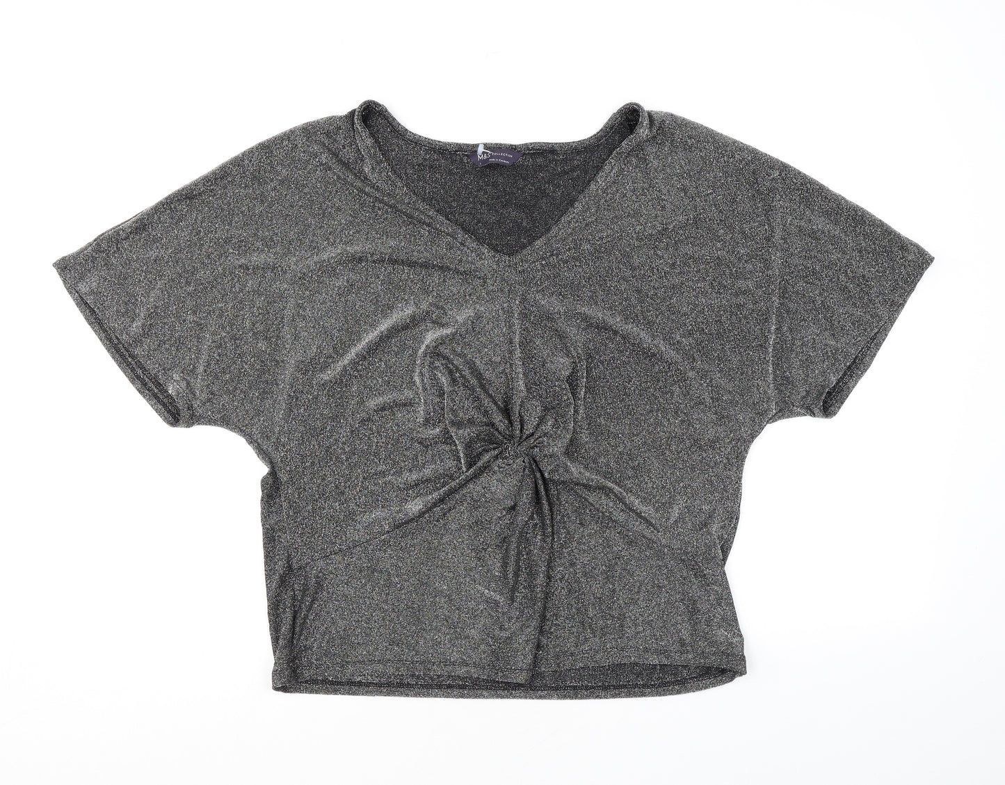Marks and Spencer Womens Silver Polyamide Basic T-Shirt Size L V-Neck - Twist Detail