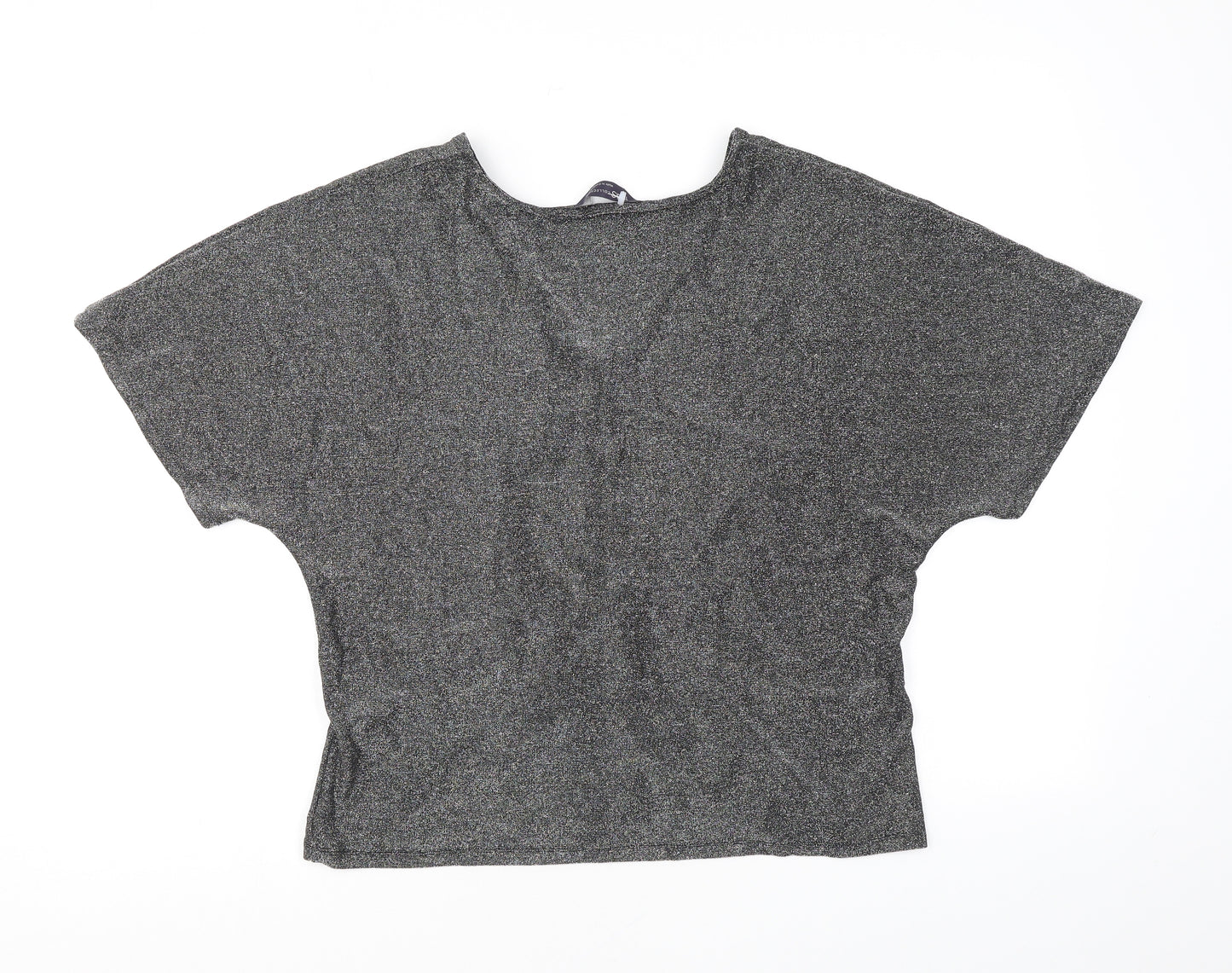 Marks and Spencer Womens Silver Polyamide Basic T-Shirt Size L V-Neck - Twist Detail