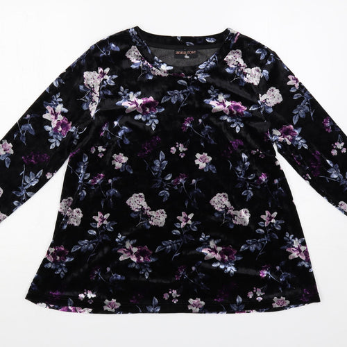 Anna Rose Womens Black Floral Polyester Basic Blouse Size S Round Neck