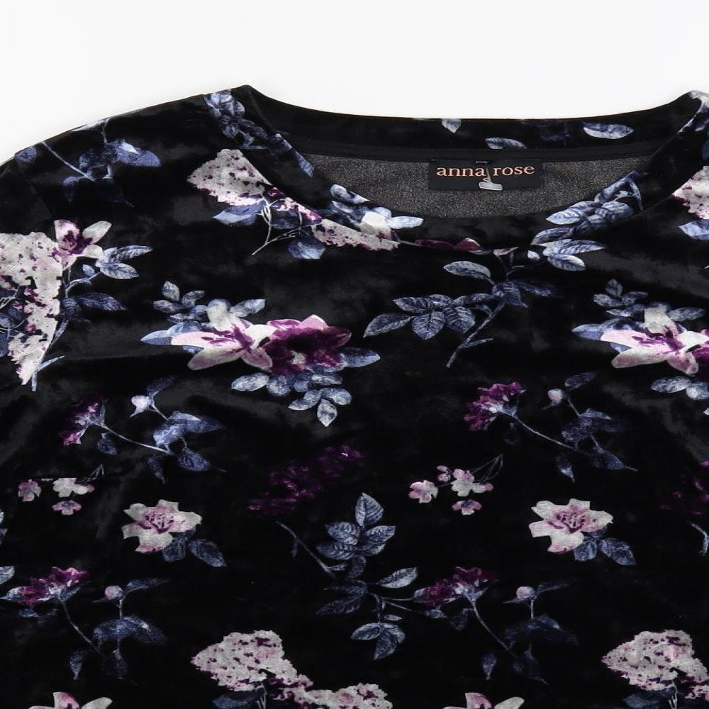 Anna Rose Womens Black Floral Polyester Basic Blouse Size S Round Neck