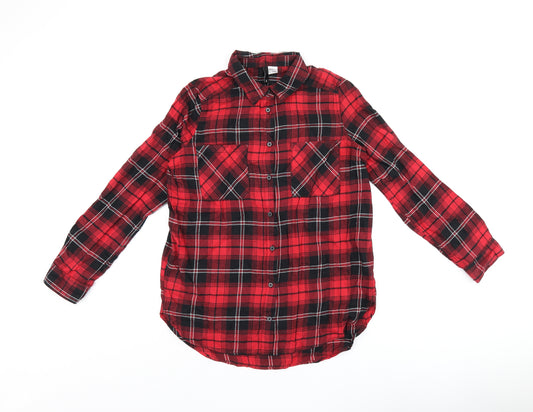 H&M Womens Red Plaid Cotton Basic Button-Up Size 6 Collared