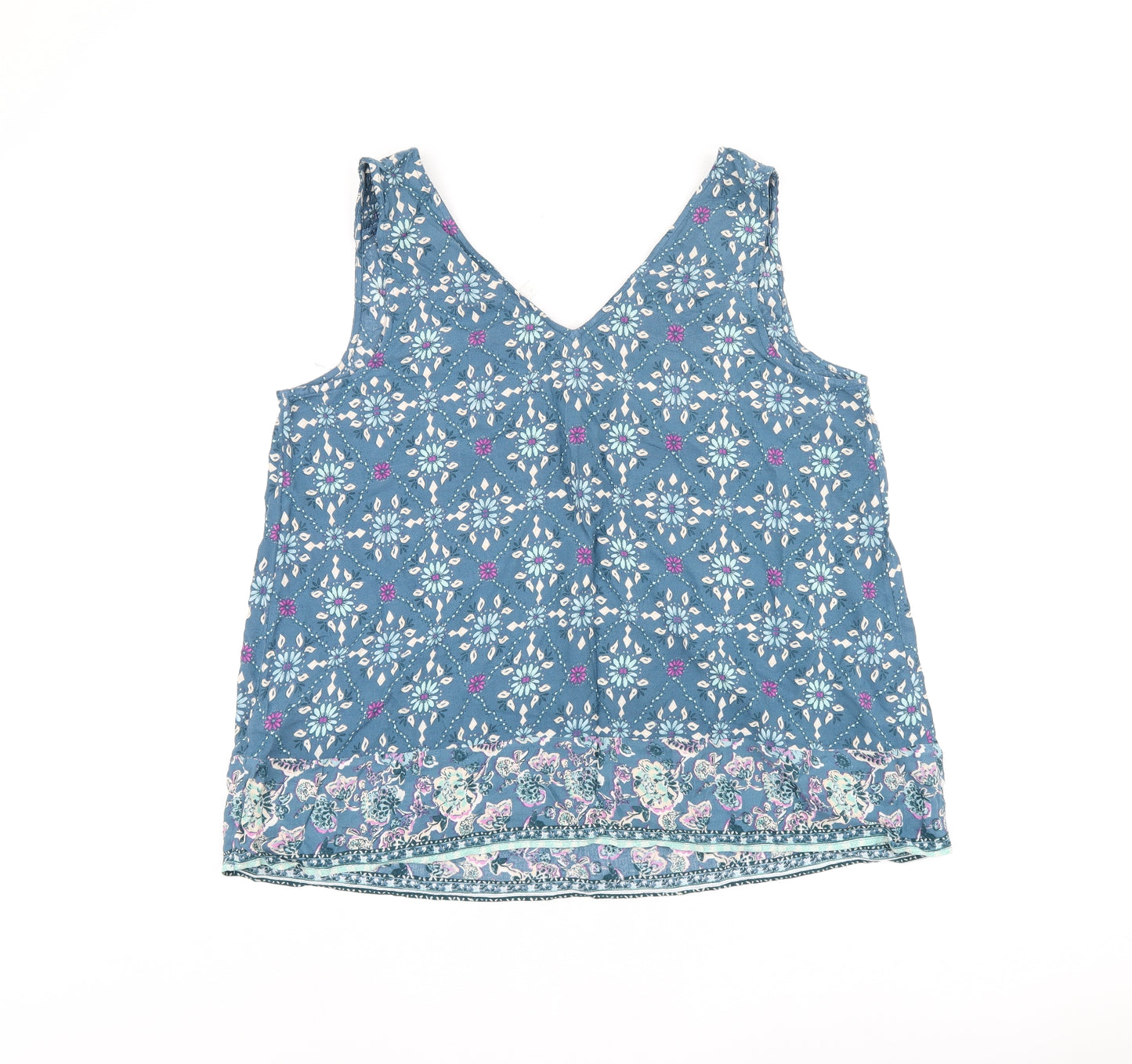 Monsoon Womens Blue Floral Viscose Basic Tank Size L V-Neck