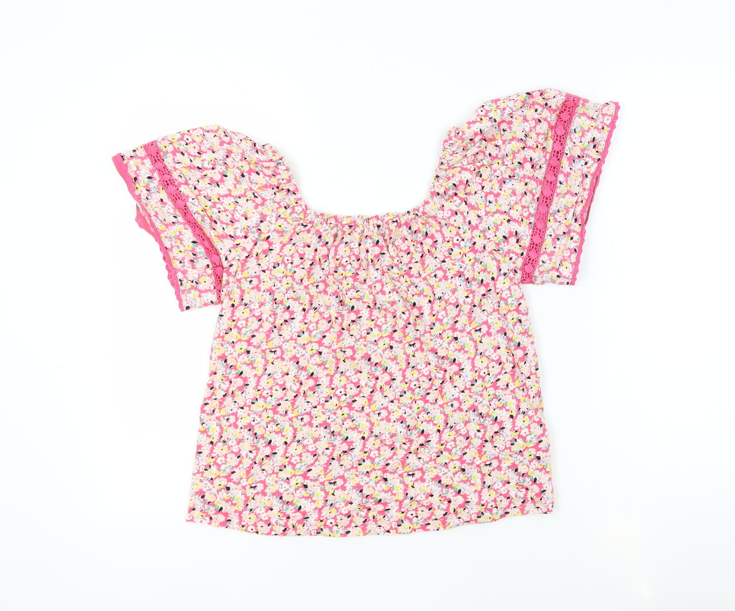 Marks and Spencer Womens Pink Floral 100% Cotton Basic Blouse Size 6 Square Neck - Crochet Detail
