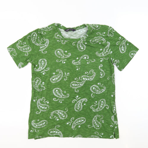 Marks and Spencer Womens Green Paisley 100% Cotton Basic T-Shirt Size 6 Crew Neck